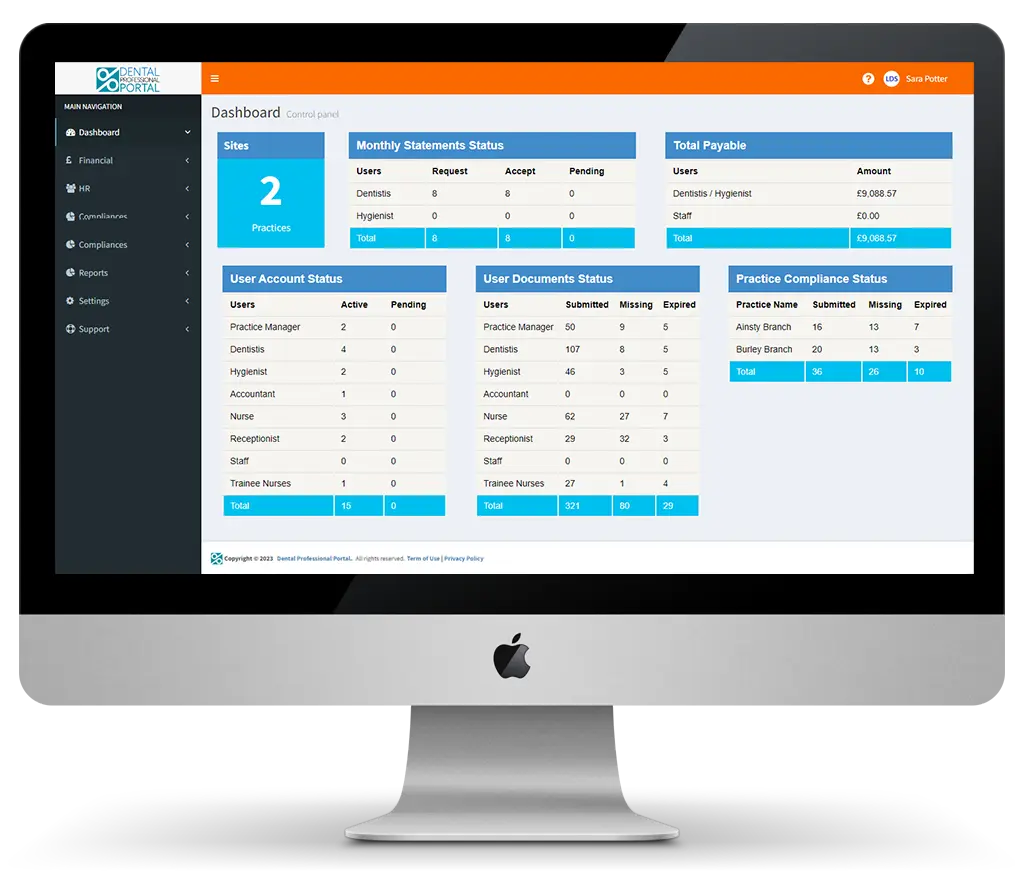 Dental Professional Portal Dashboard in PC